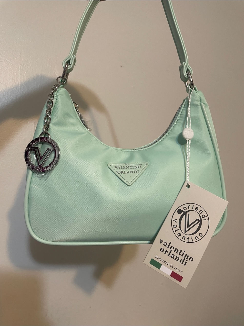 New WithTags Valentino Orlandi Mint Green Crescent Nylon Shoulder Bag Logo Charm